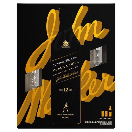 Johnnie Walker Black Label Blended Scotch Whisky 70cl Giftpack With 2 Highball Glasses